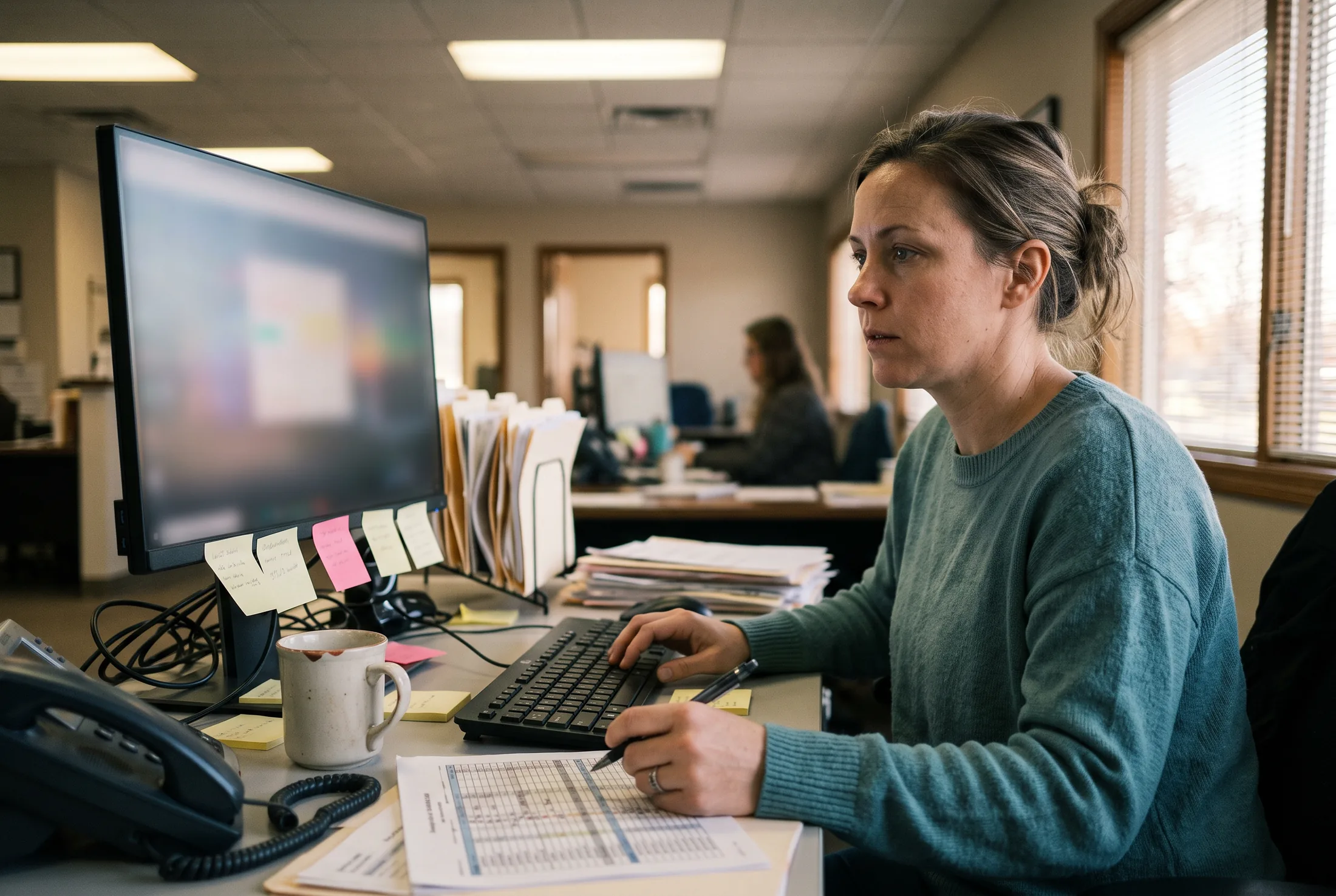 Billing specialist reviewing claims at a desk