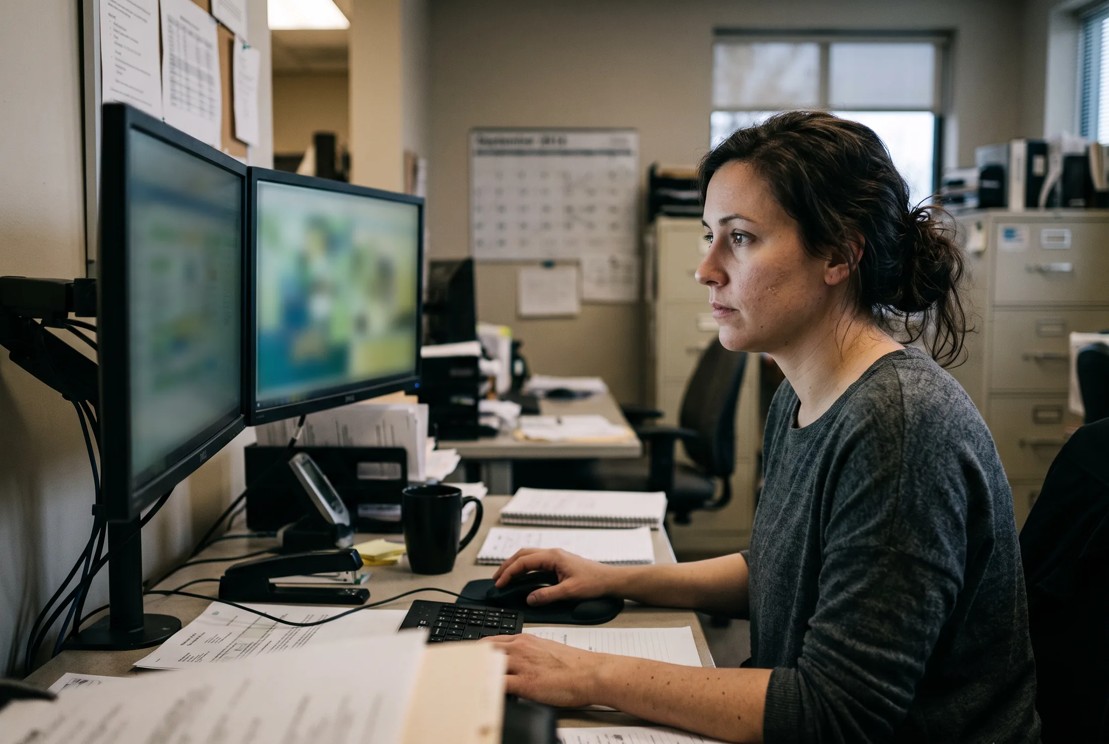 Specialist working at a two-monitor workstation